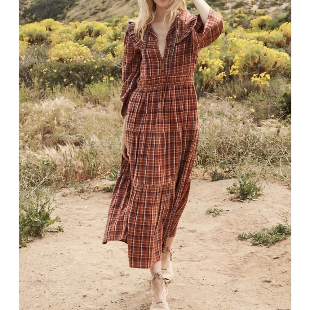 DOEN HONEY COTTON MIDI MAXI DRESS BLUE AUTUMN PLAID XS S - Picture 4 of 5